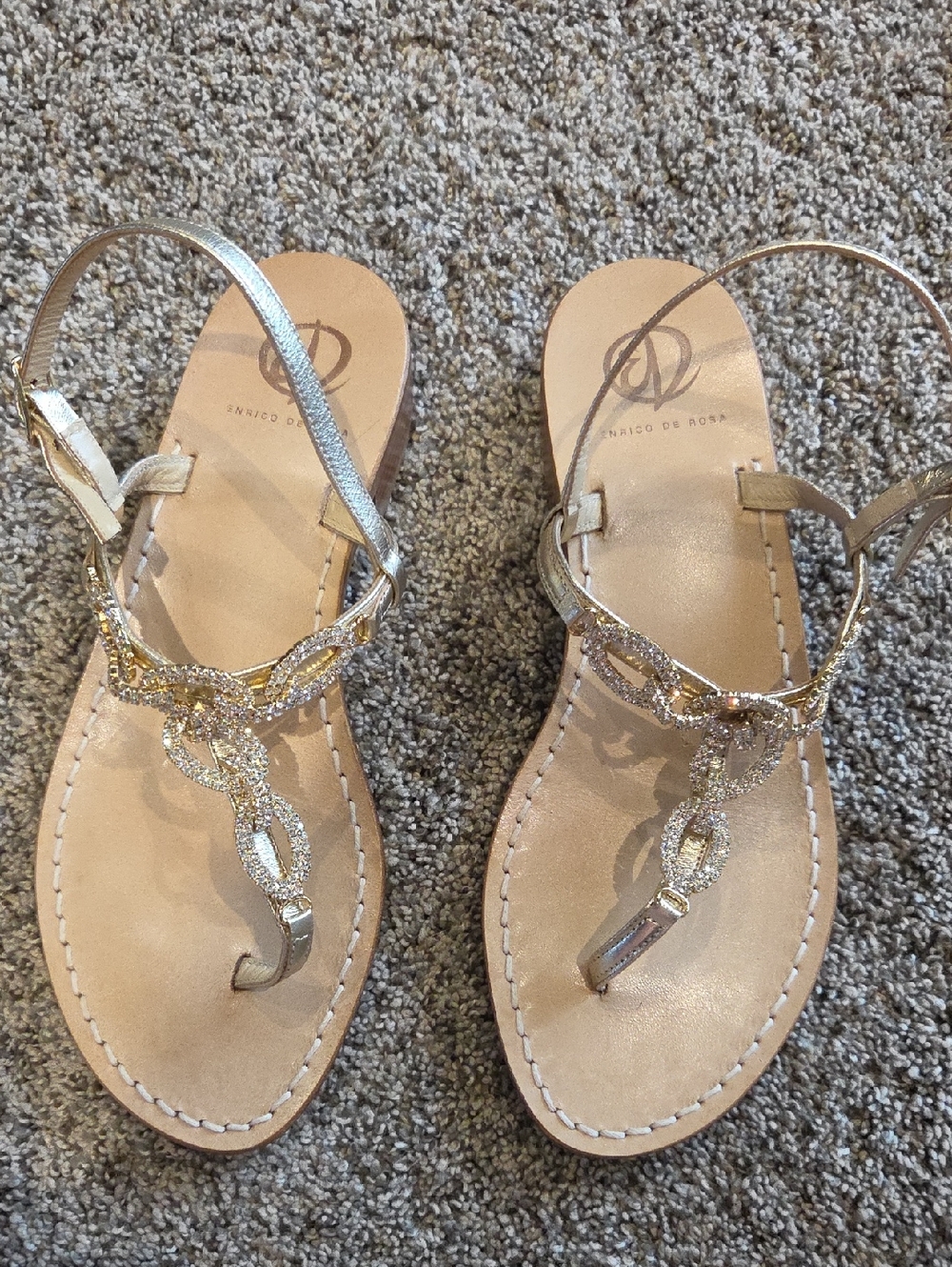 Metallic Gold T-Strap Women's Sandals with Sparkle Accents